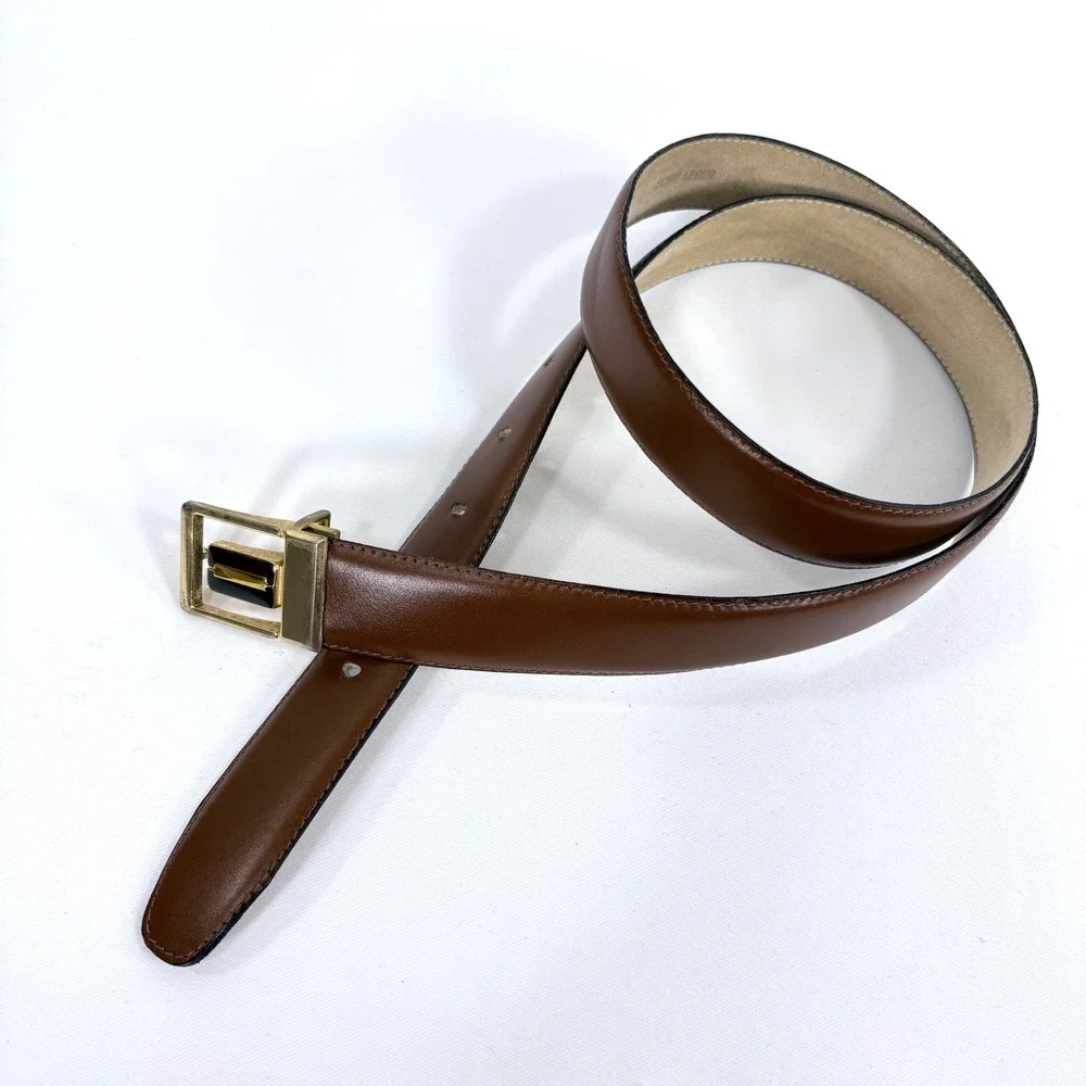 Leather Belt Brown Gold Enamel Buckle Made in France Size Women 31-35